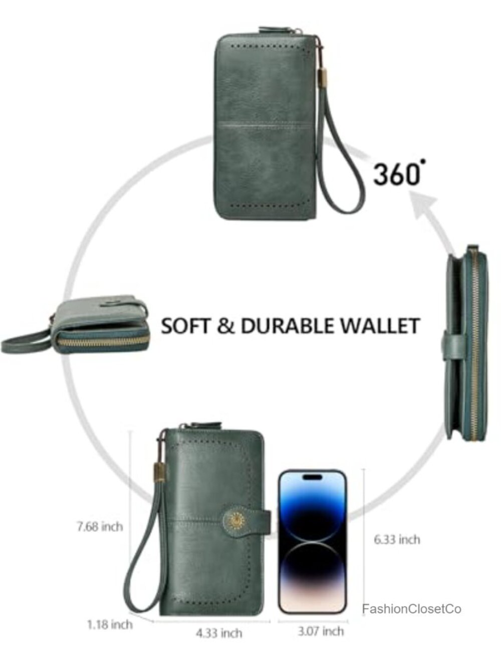 RFID Blocking Vegan Leather Large Capacity Wristlet Wallet with Detachable Strap - Picture 3 of 6